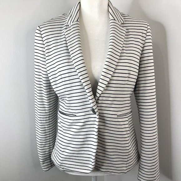 Apt 9 Womens Blazer Jacket Size S Knit White Black Stripe Lined Coastal Preppy - Picture 2 of 10